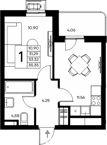 1-комн., 31.29 м²