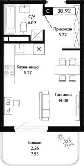 Студия, 28.66 м²