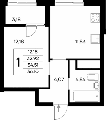 1-комн., 32.92 м²