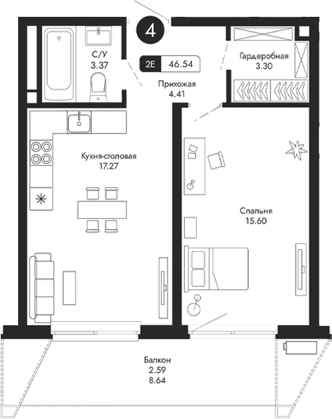 2-комн., 43.95 м²