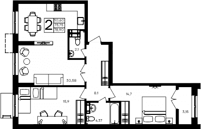 2-комн., 75.75 м²