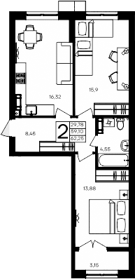 2-комн., 59.1 м²