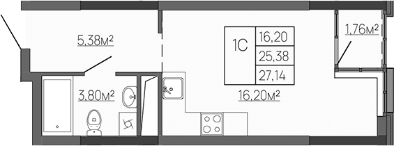 Студия, 25.38 м²