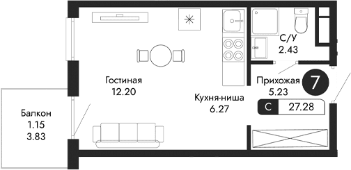 Студия, 26.13 м²