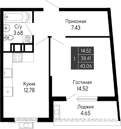 1-комн., 38.41 м²