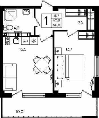 1-комн., 40.8 м²