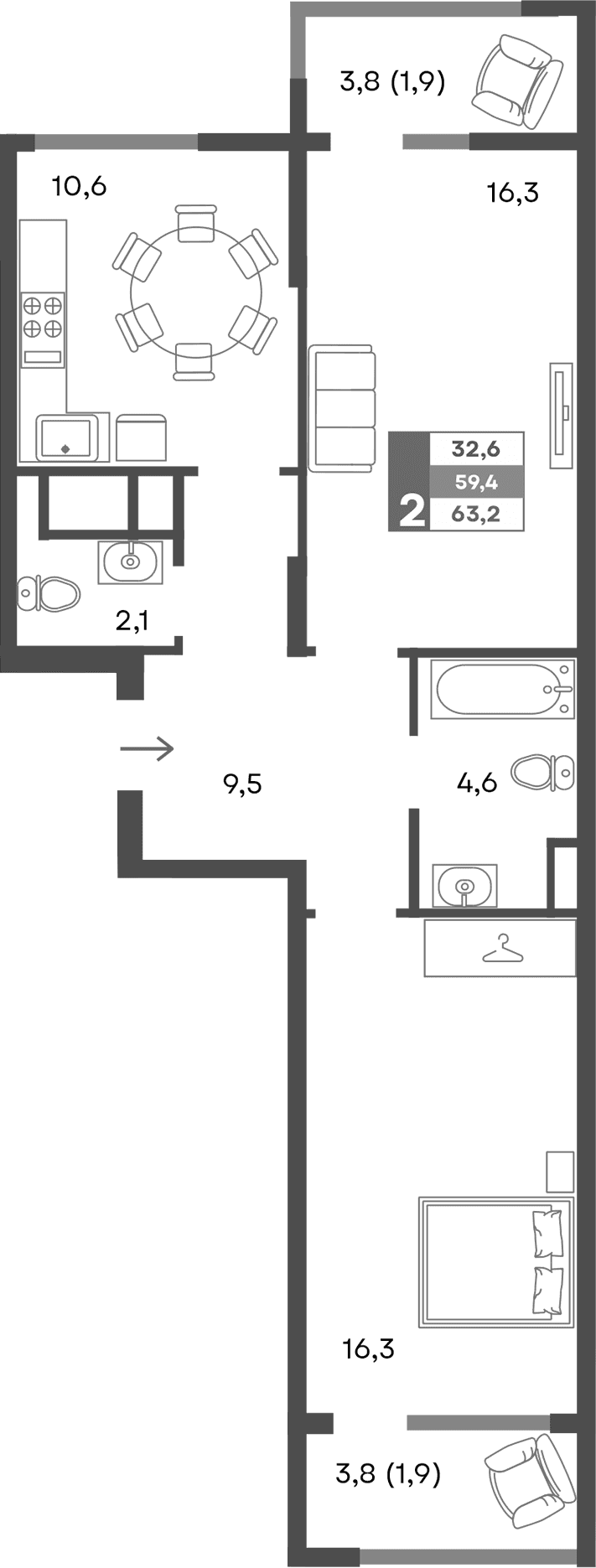 2-комн., 59.4 м²