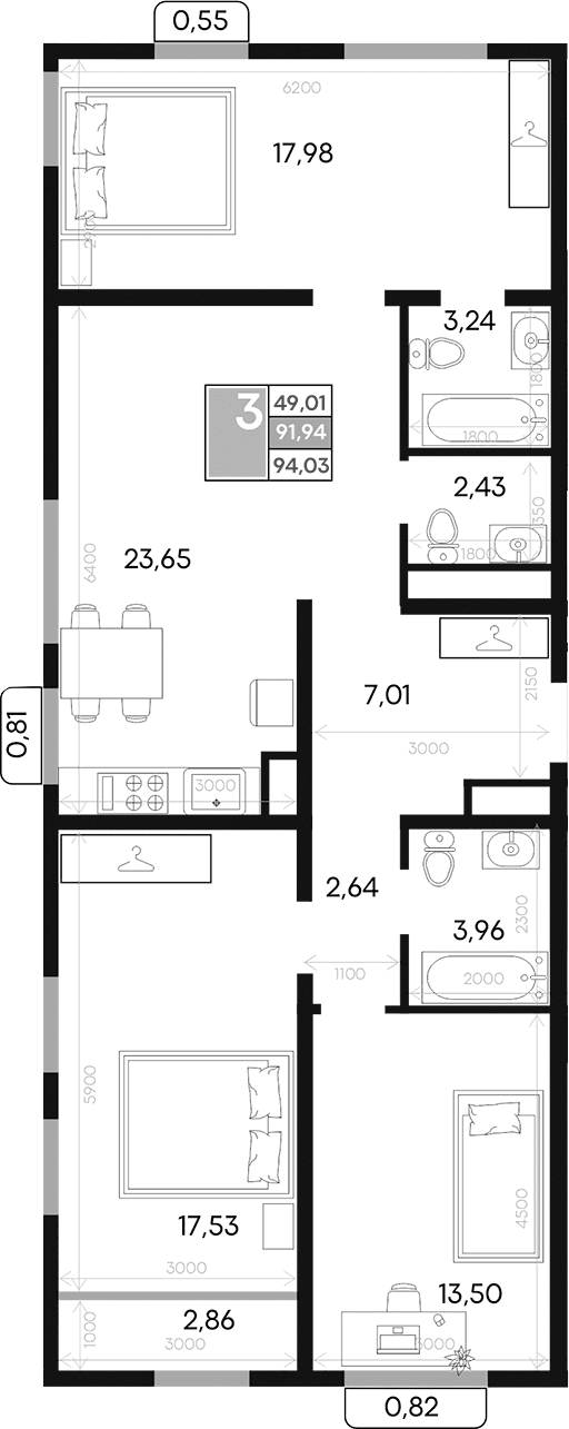 3-комн., 91.94 м²