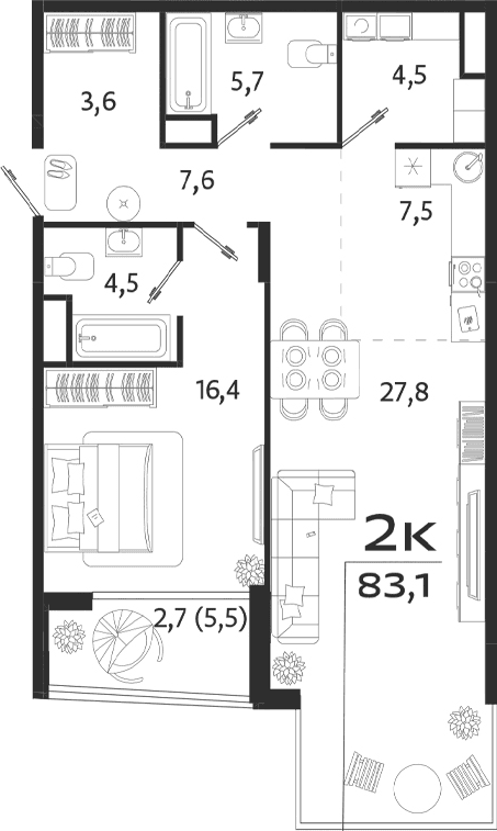 1-комн., 77.6 м²