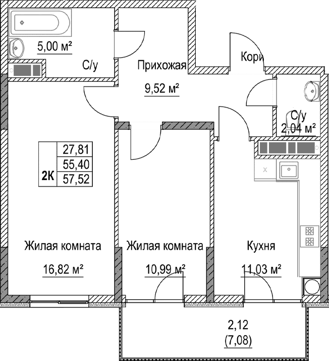 2-комн., 55.4 м²