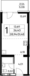 Студия, 28.94 м²