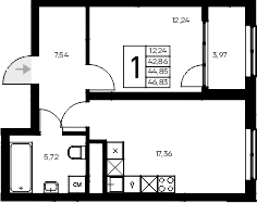 1-комн., 42.86 м²