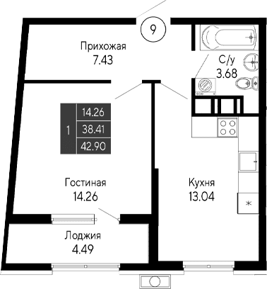 1-комн., 38.41 м²
