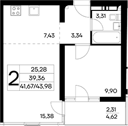2-комн., 41.67 м²