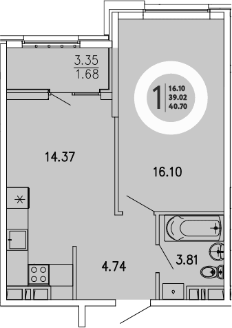 1-комн., 39.02 м²