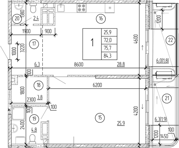 1-комн., 72 м²