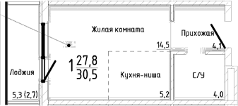 Студия, 27.8 м²