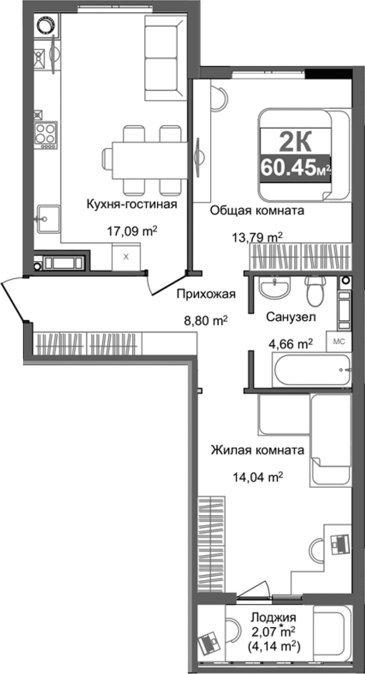 2-комн., 56.53 м²