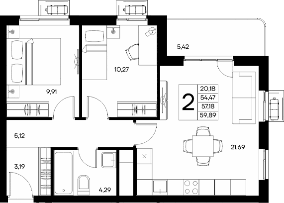 2-комн., 54.47 м²
