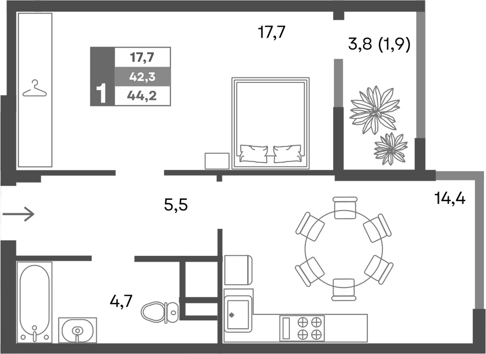 1-комн., 42.3 м²