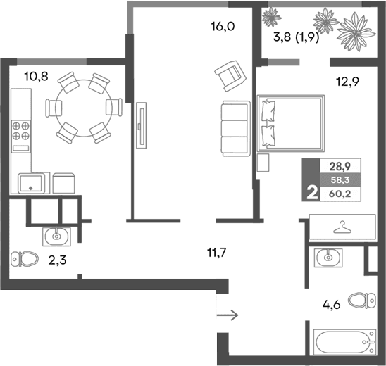 2-комн., 58.3 м²