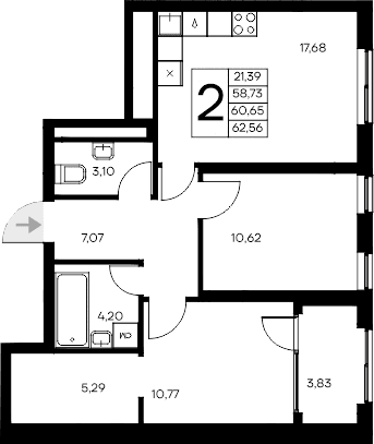 2-комн., 58.73 м²