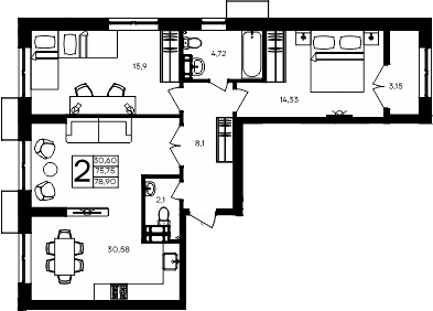 2-комн., 75.73 м²