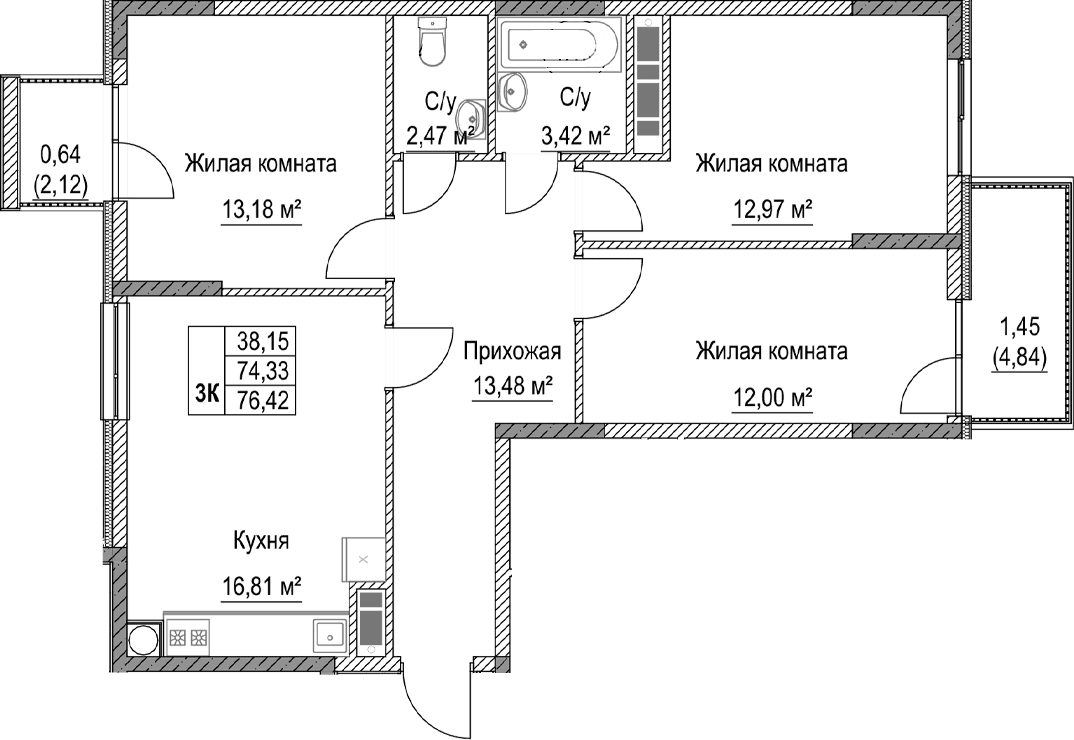 3-комн., 74.33 м²