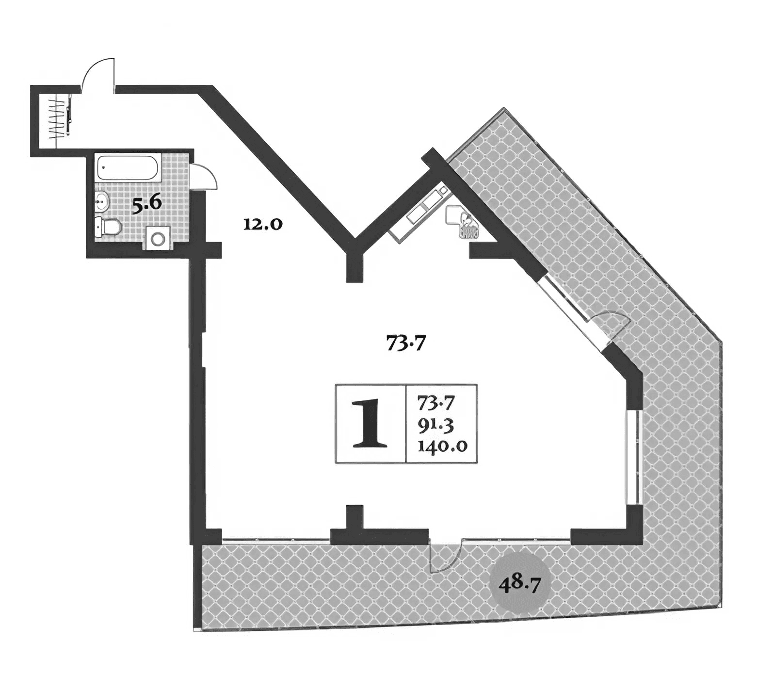 Студия, 91.3 м²