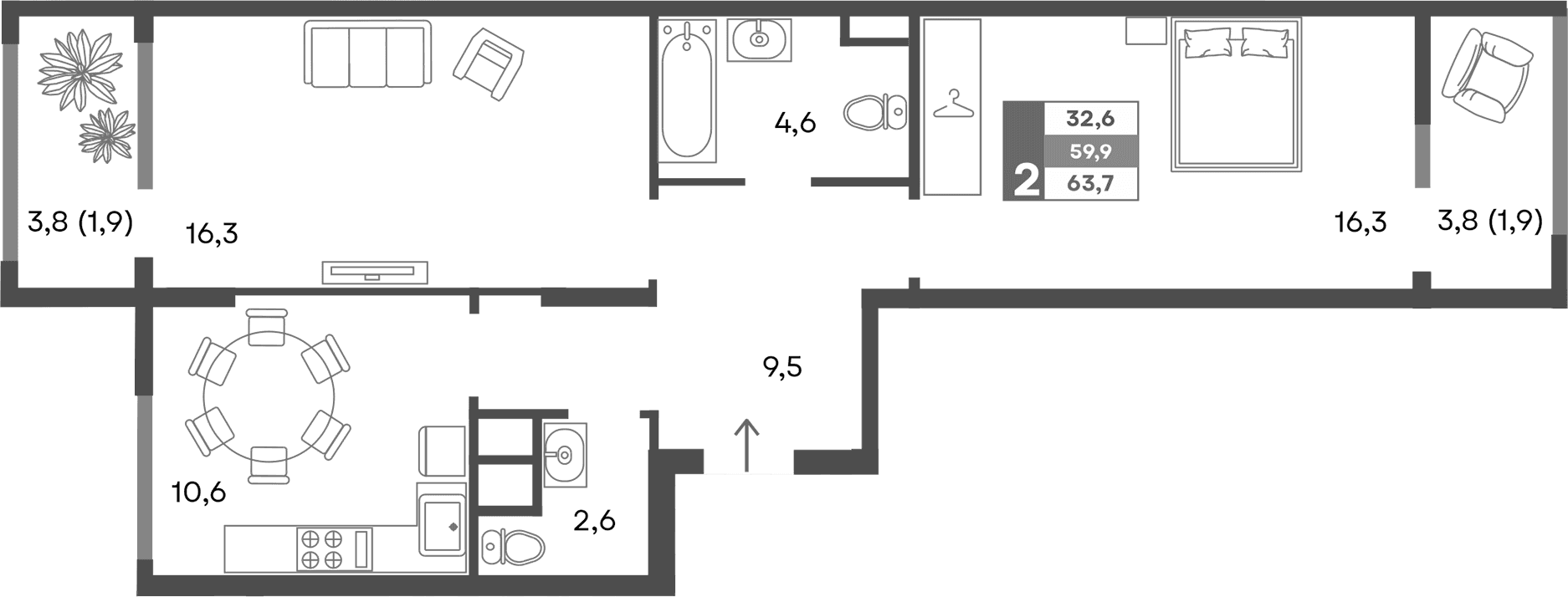 2-комн., 59.9 м²