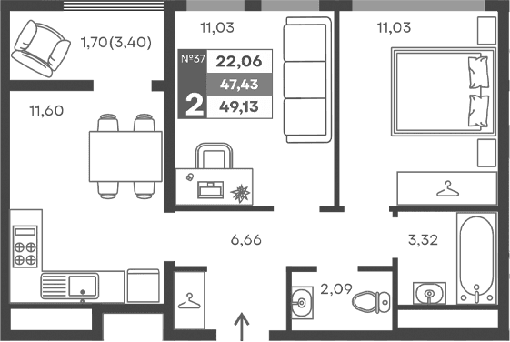 2-комн., 45.73 м²