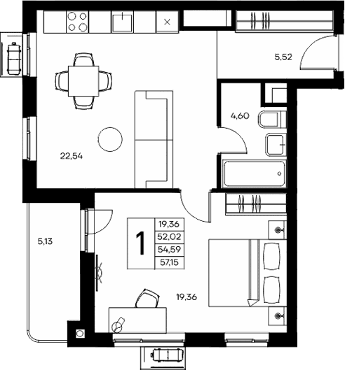 1-комн., 52.02 м²
