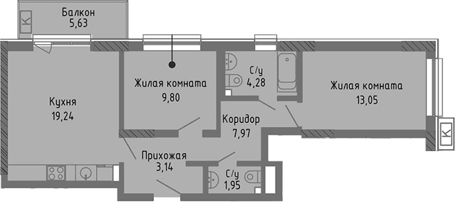 3-комн., 59.43 м²