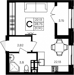 Студия, 28.75 м²