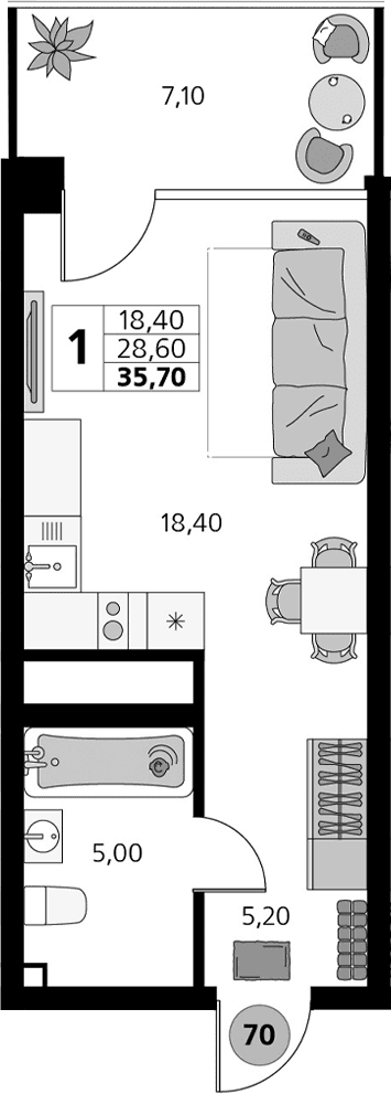 Студия, 28.6 м²