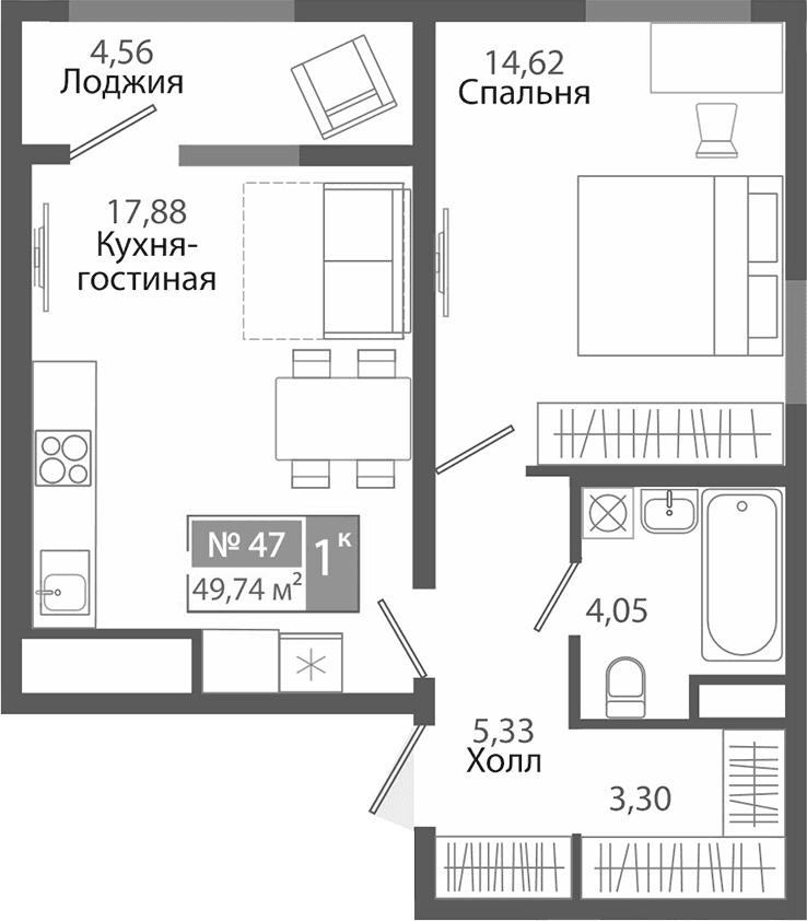 1-комн., 45.18 м²
