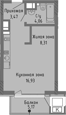 Студия, 32.77 м²