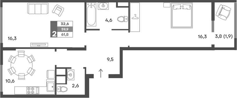 2-комн., 59.9 м²