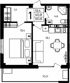 1-комн., 40.8 м²