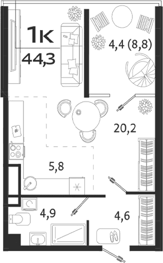 Студия, 35.5 м²