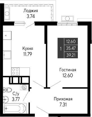 1-комн., 35.47 м²
