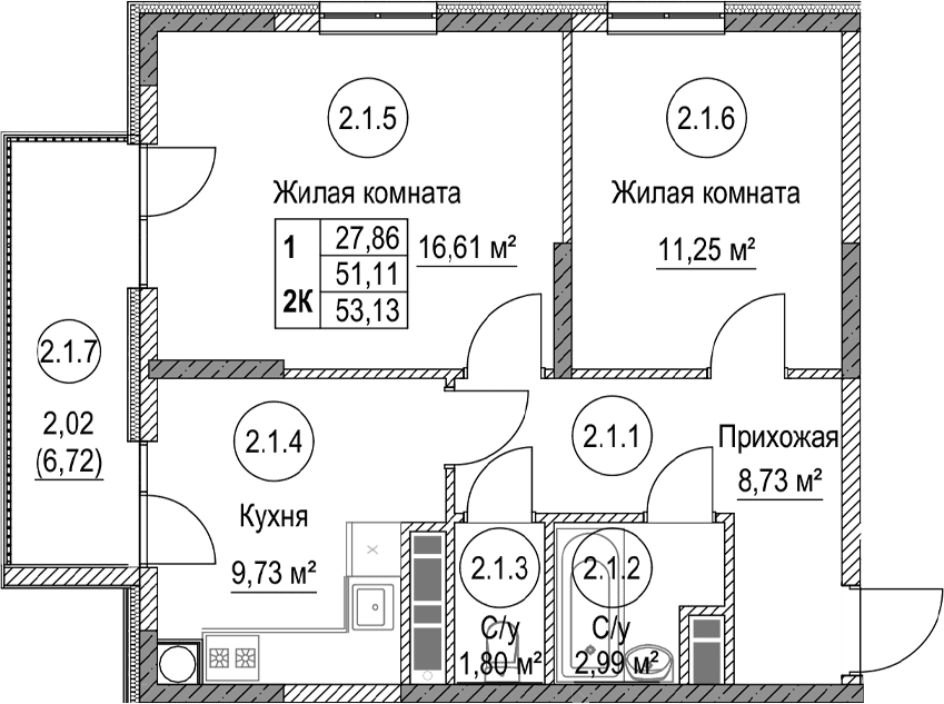 2-комн., 51.11 м²