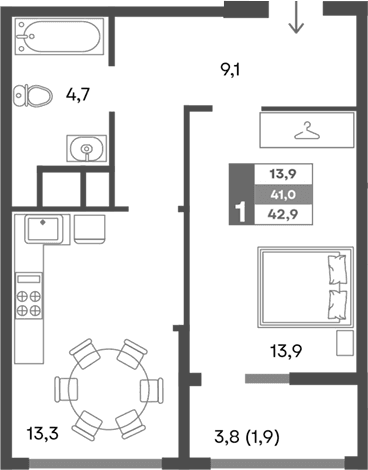 1-комн., 41 м²