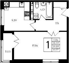 1-комн., 38.39 м²