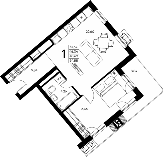 1-комн., 46.04 м²