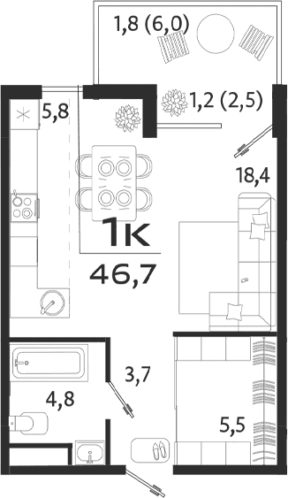 Студия, 38.2 м²