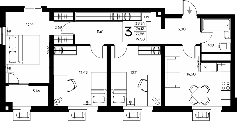 3-комн., 76.12 м²