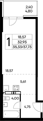 Студия, 35.33 м²