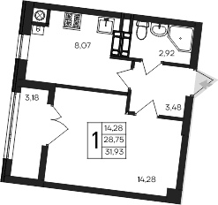 1-комн., 28.75 м²