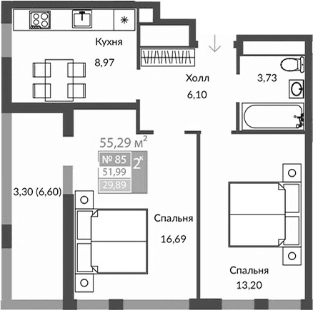 2-комн., 48.69 м²